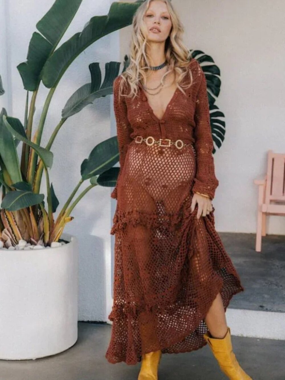 Chasing Unicorns Wish You Were Here Crochet Maxi Dress S Cacao Orange